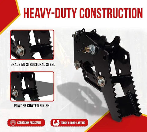 Heavy-duty backhoe thumb attachment for mini excavators and universal claw tractors, bolt-on structural steel, adjustable jaw angles.