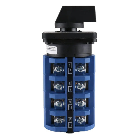 Heavy Duty Beefy Rotary Selector Cam Changeover Switch 660V 63A 3 Position With 4NO 4NC Contacts shown front view with wiring terminals