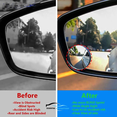 Comparison of rearview mirror before and after using Two Pack 2 Inch Round Blind Spot Mirrors With Rust Resistant Frame And HD Real Glass