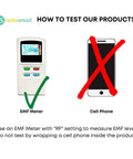 Instructions for testing EMF products using an EMF meter with RF setting, not a cell phone. Shows meter with green check and phone with red X.