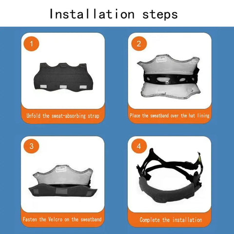 Installation steps for Hard Hat And Welding Helmet Sweatbands Set Of 10, Reusable Cotton Liner Pads for moisture control.