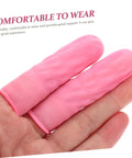 Badass 100 Pc Antistatic Latex Finger Sleeves in pink, showcasing grip and cushioning for comfort during crafting and mechanics.