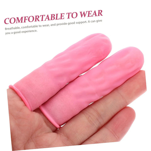 Badass 100 Pc Antistatic Latex Finger Sleeves in pink, showcasing grip and cushioning for comfort during crafting and mechanics.