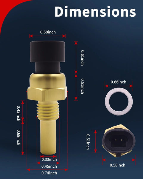 VEHICODE ECT engine coolant temperature sensor with connector, brass body and black cap (front view)