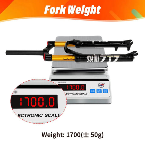 Air Mountain Bike Suspension Fork For 26 27.5 29 Inch Bikes on a scale showing weight of 1700 grams