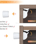 Magnetic Cabinet Locks For Baby Proofing, No Drill Easy Install showing locked and unlocked states on wood cabinet