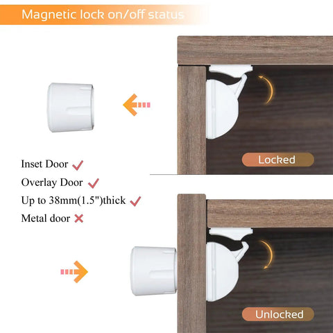 Magnetic Cabinet Locks For Baby Proofing, No Drill Easy Install showing locked and unlocked states on wood cabinet