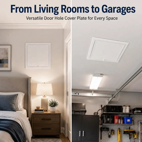 White Concealed Drywall Access Panel 29X32 With No Sweat Toolless Install For Quick Plumbing And Electrical Upkeep in bedroom and garage.