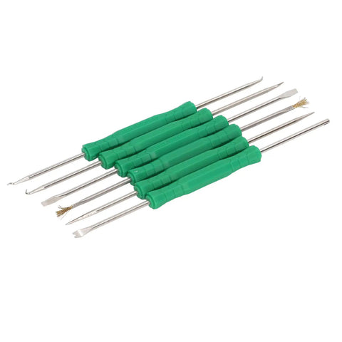 Six Piece Pro Grade Solder Helper Tool Set For Electronics Repair with hardened tips, green handles, aluminum alloy and ABS build.