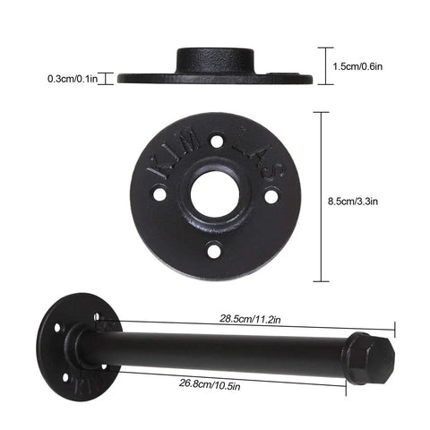 Detailed view of parts for 6 Pack 10 Inch Wall Mounted Industrial Pipe Clothing Rack Set, including flanges and connectors.