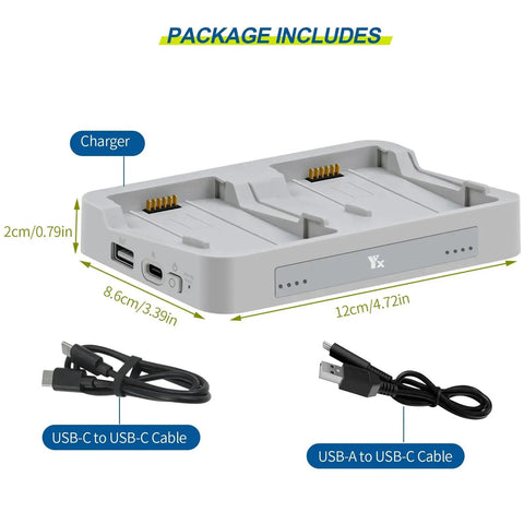 Dual Slot Drone Charging Hub For Two Way Charging And Power Bank Compatible Dual Battery Station with cables included.