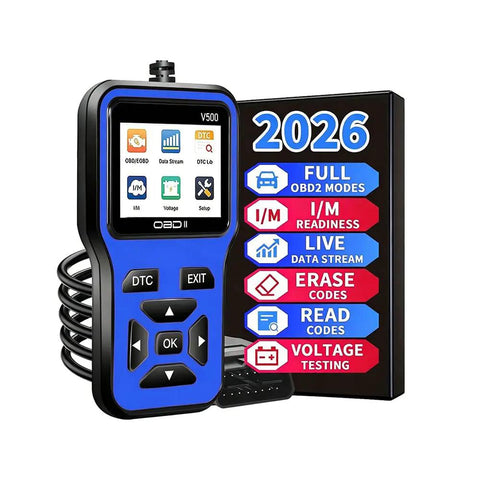 No Nonsense OBD2 Diagnostic Scanner And Code Reader For Electric Cars featuring display, buttons, and diagnostic capabilities.