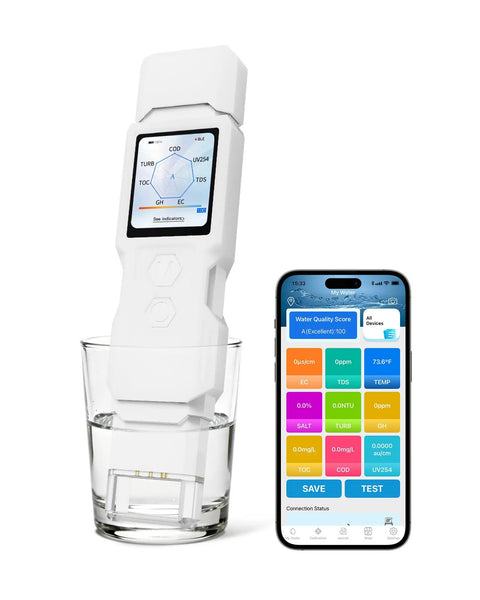 9 In 1 Smart Water Tester With App Monitoring, Digital Water Test Kit shown in use with smartphone app