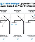 Diagram showing adjustable design features of the All Metal 8 Inch Dual Square Shower Head With Handheld Combo Built To Last Rain Shower Head With Adjustable Extension Arm 3 Way Diverter 71 Inch Hose Oil Rubbed Bronze Finish Stainless Steel Brass Construction, highlighting height, angle, and hooks.