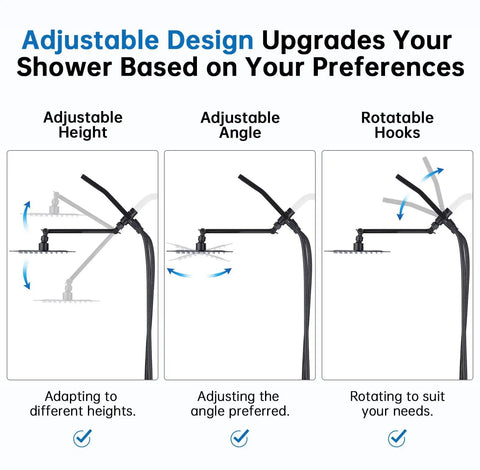 Diagram showing adjustable design features of the All Metal 8 Inch Dual Square Shower Head With Handheld Combo Built To Last Rain Shower Head With Adjustable Extension Arm 3 Way Diverter 71 Inch Hose Oil Rubbed Bronze Finish Stainless Steel Brass Construction, highlighting height, angle, and hooks.