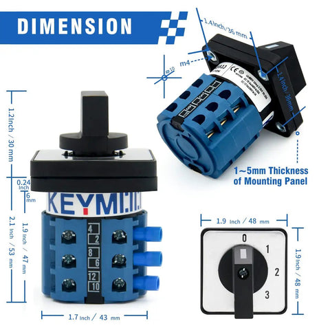 Heavy-Duty Rotary Changeover Switch 20A 660V Four Position Three Phase With 12 Terminals, dimensions and features diagram