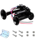Heavy Duty 12V Dual Electric Car Air Horn With Built In Compressor 120 Decibel Insanely Loud Waterproof Dual Trumpet Kit components including two black trumpets and mounting hardware.