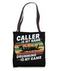 Dragon Boat Racing Paddler Tote Bag For Men And Women featuring colorful paddling graphic and 'Caller is My Name, Drumming is My Game' text