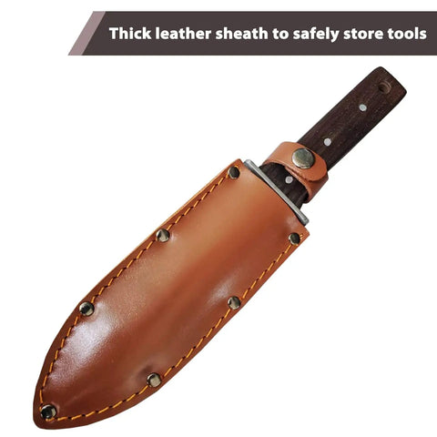 Hori Hori Garden Knife With Leather Sheath And Handguard Pro Grade 440 Stainless Steel Blade, showing sheath detail for safe storage