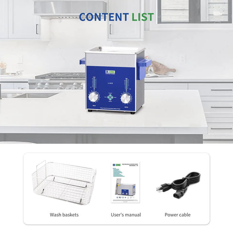 Next Level Dual Frequency Ultrasonic Cleaner With 2 Liter Tank For Jewelry Glasses Watches And Coins Featuring 60 Watt Heating Timer and included accessories.