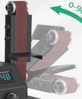 Kick Your Shop Jobs Into High Gear With This Compact Mini Belt Sander Benchtop Polisher showing adjustable 0-90 degree tilt for precise sanding.