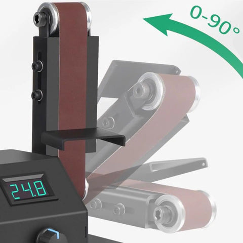 Kick Your Shop Jobs Into High Gear With This Compact Mini Belt Sander Benchtop Polisher showing adjustable 0-90 degree tilt for precise sanding.