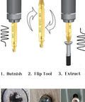Image showing method of using a Six Piece Screw Extractor Kit For Damaged And Stripped Screws Removal, Titanium Coated HSS 4341 High Speed Steel, 63 65 Rc Hardness, Fits Any Drill.