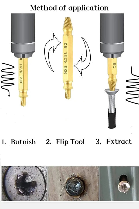 Image showing method of using a Six Piece Screw Extractor Kit For Damaged And Stripped Screws Removal, Titanium Coated HSS 4341 High Speed Steel, 63 65 Rc Hardness, Fits Any Drill.