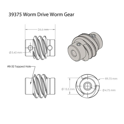 Technical drawing of Aluminum Worm Gear Drivebox 4 To 1 For Robotics Builds, showing dimensions and design details