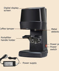 WLYPE Automatic Coffee Press With Adjustable Pressure 10-30kg, Electric Espresso Tamper showing digital display, tamper, power supply.