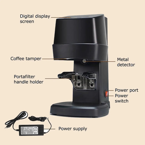 WLYPE Automatic Coffee Press With Adjustable Pressure 10-30kg, Electric Espresso Tamper showing digital display, tamper, power supply.