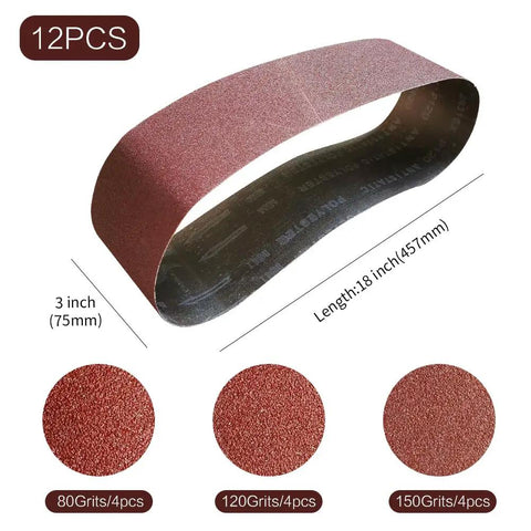 Premium 3X18 Sanding Belt Pack 12 Piece Set Featuring Aluminum Oxide 80 120 150 Grit Assortment heavy duty sanding belt shown in profile.