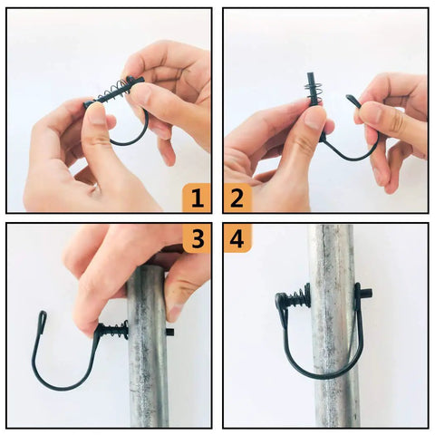 Hands demonstrating installation of 24 Pack Heavy Duty Shaft Locking Pins With Drop Dead Silent Springs on metal tube.