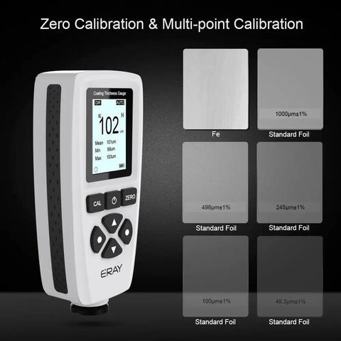 Mil Thickness Gauge With Fe NFe Dual Probe 0 to 2000 Um Coating Thickness Meter With Backlit LCD Display Stores Up To 320 Readings When Off Power, 4 Groups, User Friendly Visual Interface For Paint, Automotive, And Coatings. Zero calibration on Fe and foil standards.
