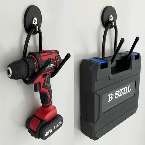 Four Pack Magnetic Garage Hooks Heavy Duty Tool Organizer Rack For Power Tools Garden Tools Hose Pegboard And Workshop Indoor Outdoor Hanging No Drill Required Industrial Strength Magnets Hold Up To Ten Pounds showing installed drill and toolbox.