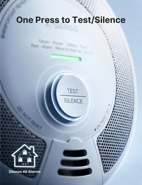 Close-up of test/silence button on smoke detector from Six Pack Wireless Interconnected Smoke And Carbon Monoxide Detectors Featuring Ten Year Sealed Battery for Battle Ready Home Security And Straight Up Worry Free Peace Of Mind.