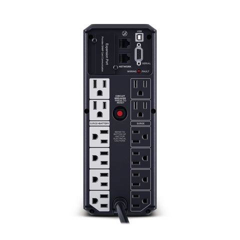 Back view of Intelligent LCD UPS Battery Backup And Surge Protector With 1500VA 900W Power 12 Outlets And 2 USB Ports AVR Boost Mini Tower UL