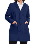 Women's Professional Lab Coat With 4 Button Front Long Sleeve Medical Coat With Three Pockets Navy Blue Sizes XS To XXL Premium 80