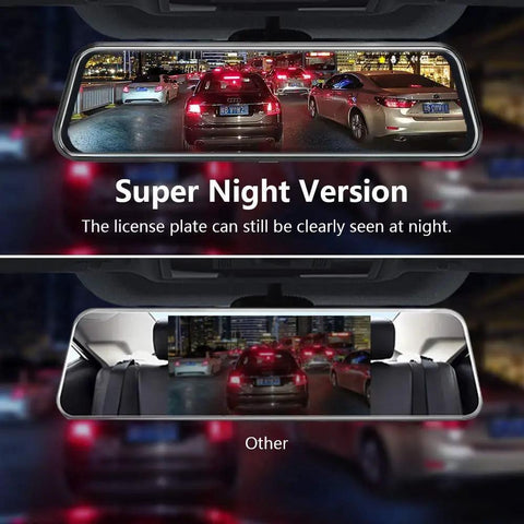 Dual 1080P Front And Rear Mirror Dash Cam With Night Vision, 10 Inch Full Touch Screen showing night traffic in rear view