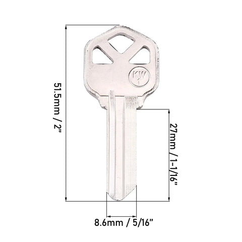 Uncut Brass Key Blanks 10 Pack For KW1 Lock Types Pro Grade Durable Copper Core Blank Keys shown with size dimensions