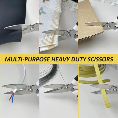 Heavy Duty Scissors Set With Ultra Sharp Stainless Steel Blades And Protective Cover For Easy Cutting Cardboard Wires Fabric Leather Iron Mesh in use