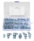 80 Pack Hydraulic Zerk Grease Fitting Assortment Kit With One Eighth And One Quarter Inch Straight And Angle Nozzles in open case