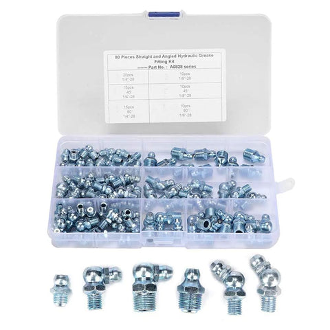 80 Pack Hydraulic Zerk Grease Fitting Assortment Kit With One Eighth And One Quarter Inch Straight And Angle Nozzles in open case