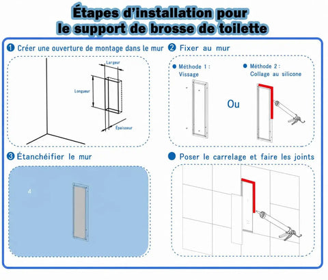 Installation steps for Hidden In Wall Toilet Brush Holder Cabinet in Matte Black with tileable door, 45x12x12 cm guide.