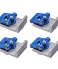 Four Pack Aluminum T Track Stop Kit With Inline and Short Stops 5/8 Inch T-Track, four blue and aluminum stops.