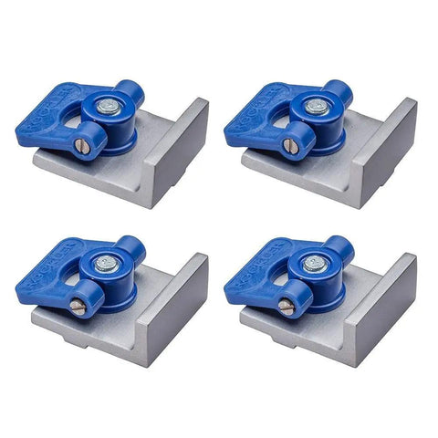 Four Pack Aluminum T Track Stop Kit With Inline and Short Stops 5/8 Inch T-Track, four blue and aluminum stops.