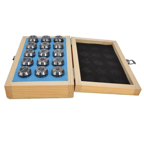 WALFRONT ER25 Spring Collet Set 15pc Carbon Steel Chuck Kit 2-16mm in wooden box, showing precision collets for CNC machining.