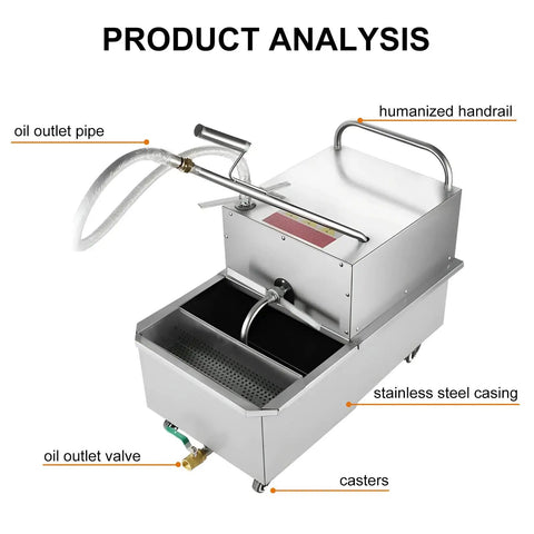 Pro Grade Commercial Deep Fryer Oil Filter Cart With Stainless Steel Mobile Frying Station Separator System For Restaurants And Burger Shops, showing oil outlet pipe and handrail.