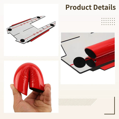 Golf Putting Mirror With Acrylic Mat And Alignment Guide For Stroke Correction shown with red ball guides and mirror finish