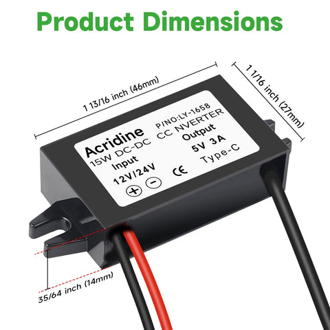Dimensions of Rugged 12V/24V To 5V USB C Buck Converter 3A 15W Type C Output Waterproof Charging Module